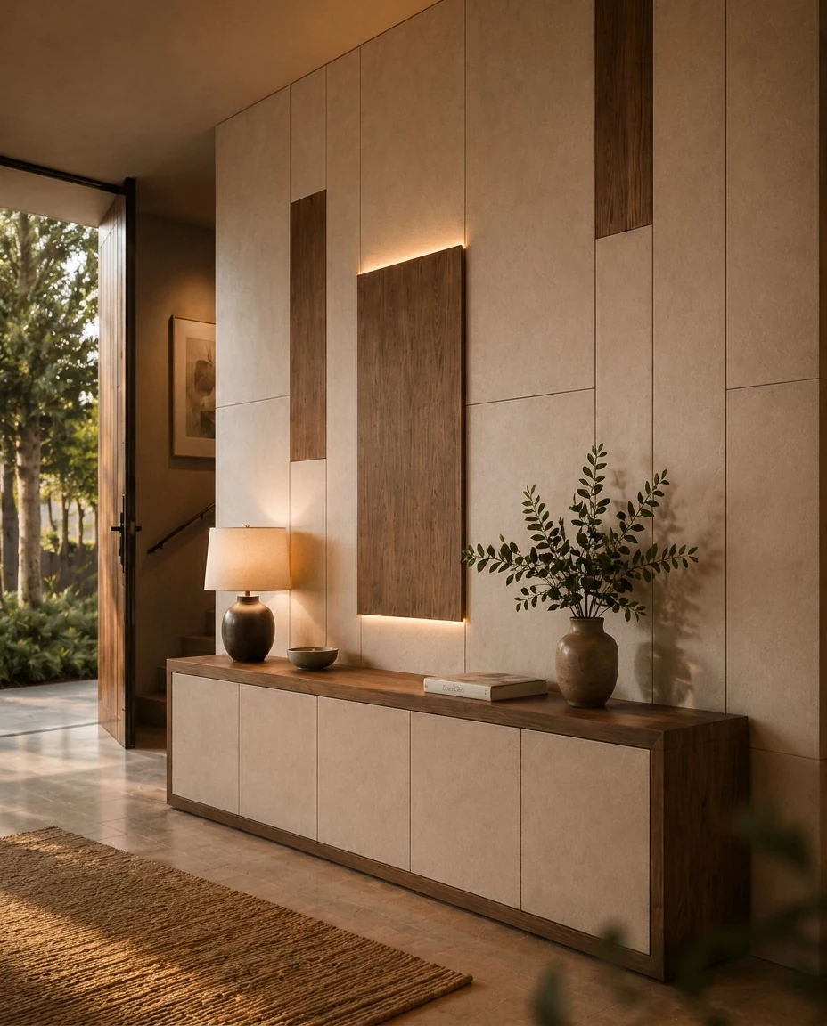 Parete IconicWall in un living contemporaneo con pannelli materici, legno e luce integrata