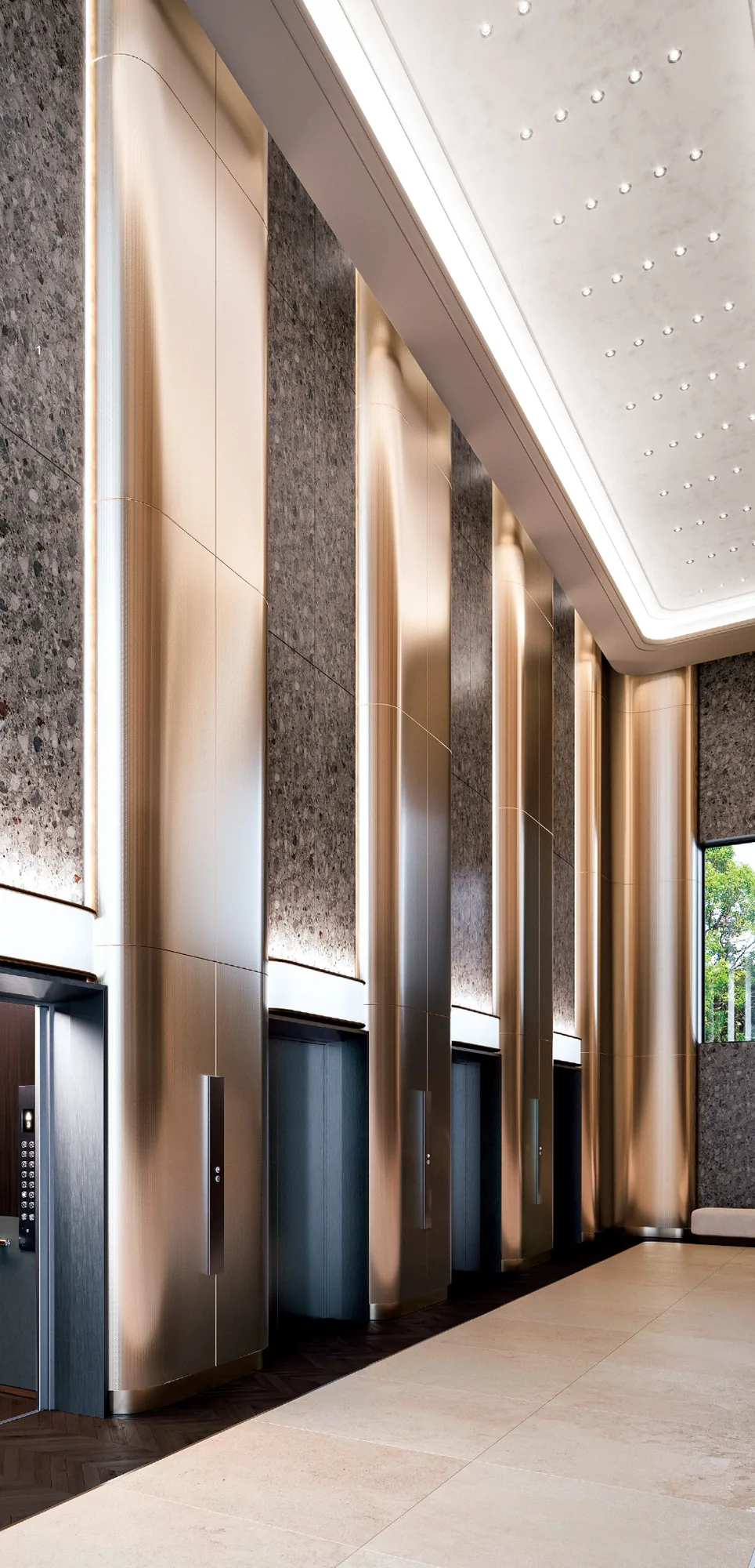 Hall con soffitto in finitura 3M DI-NOC effetto stucco e pareti materiche