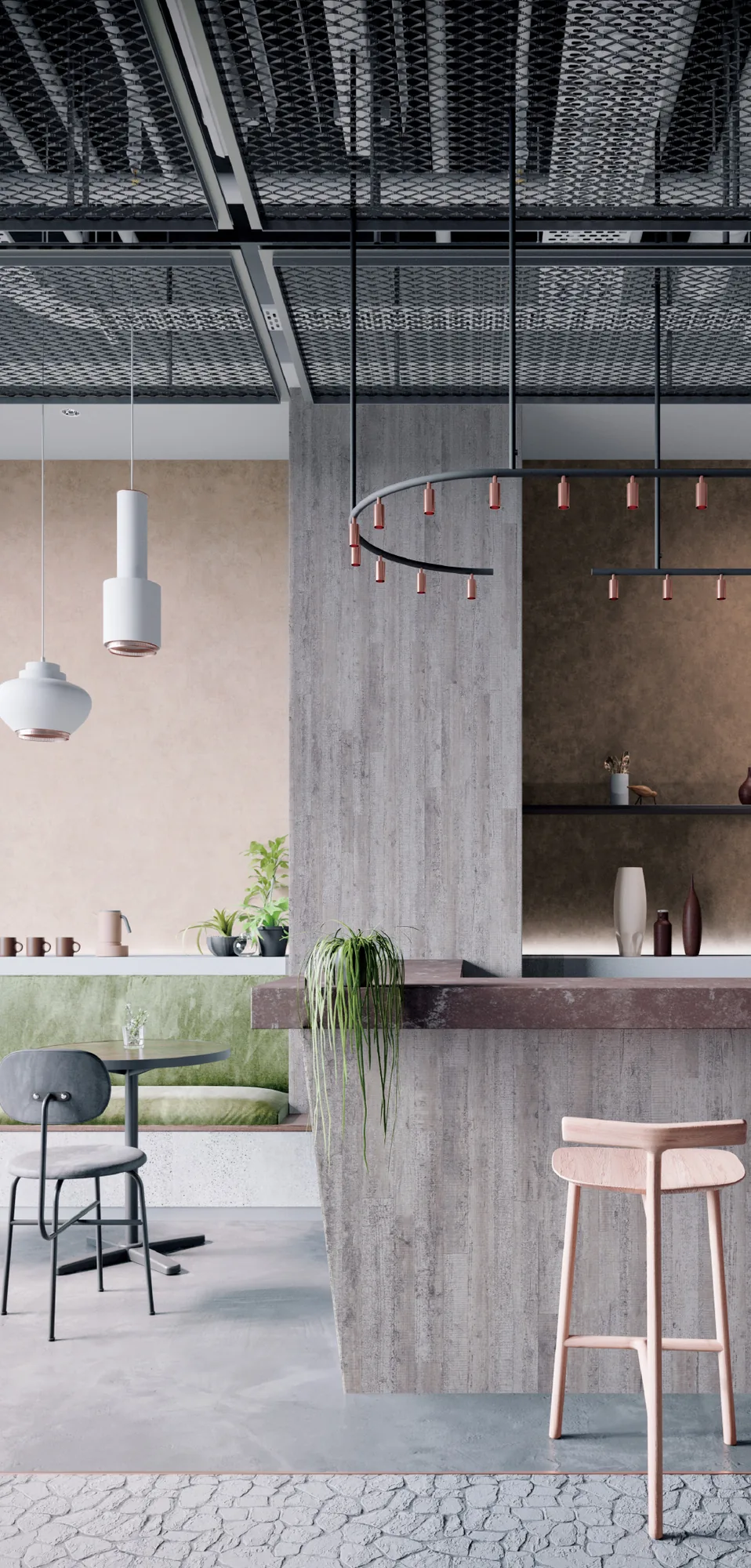 Ambiente con colonna e pareti materiche in finiture 3M DI-NOC