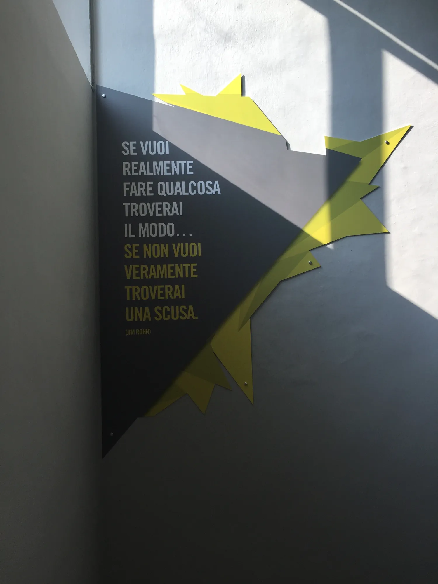 Grafica con frase motivazionale su fondo grigio lungo la scala