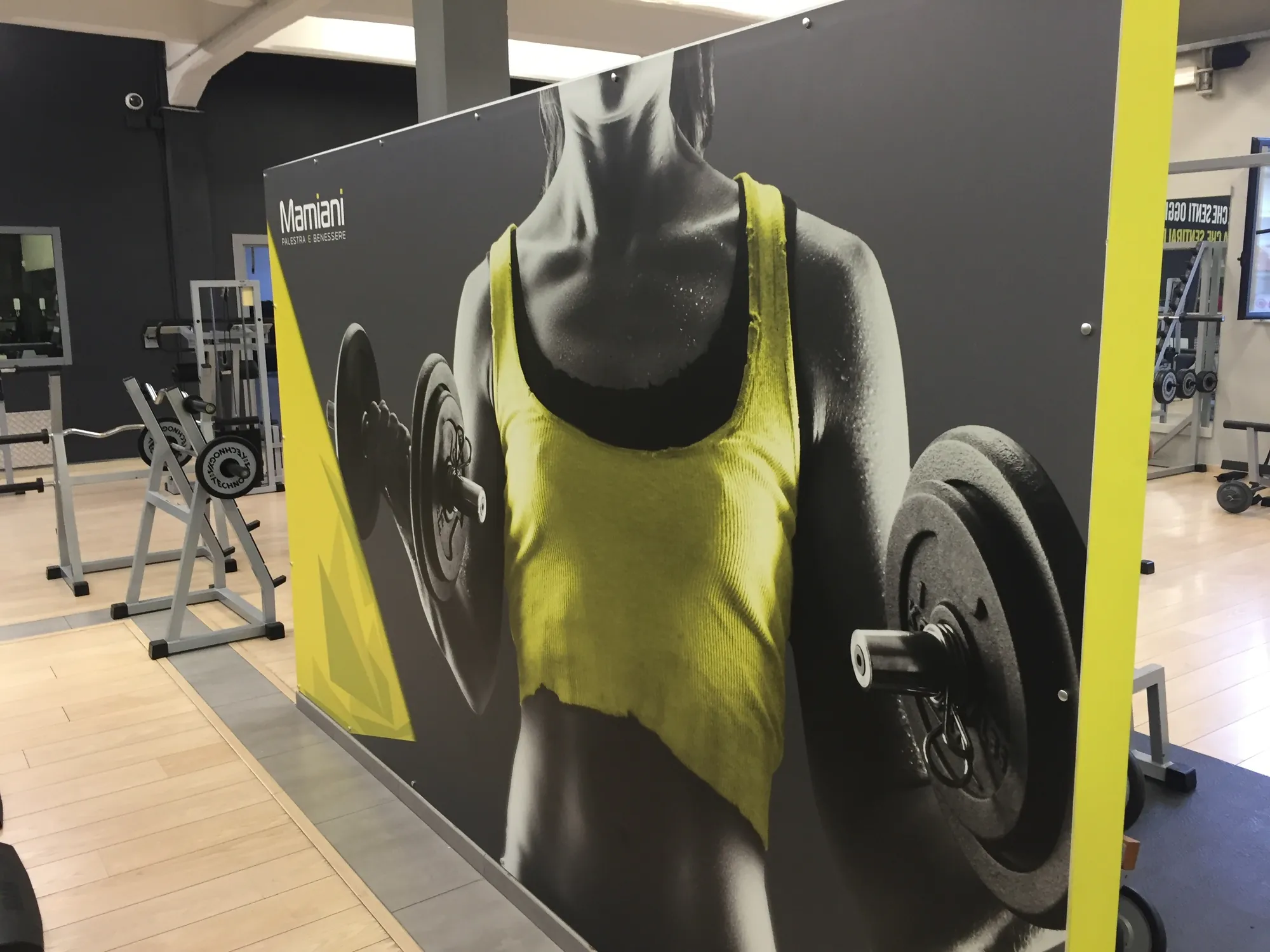 Grafica a tutta altezza con un’atleta e i manubri