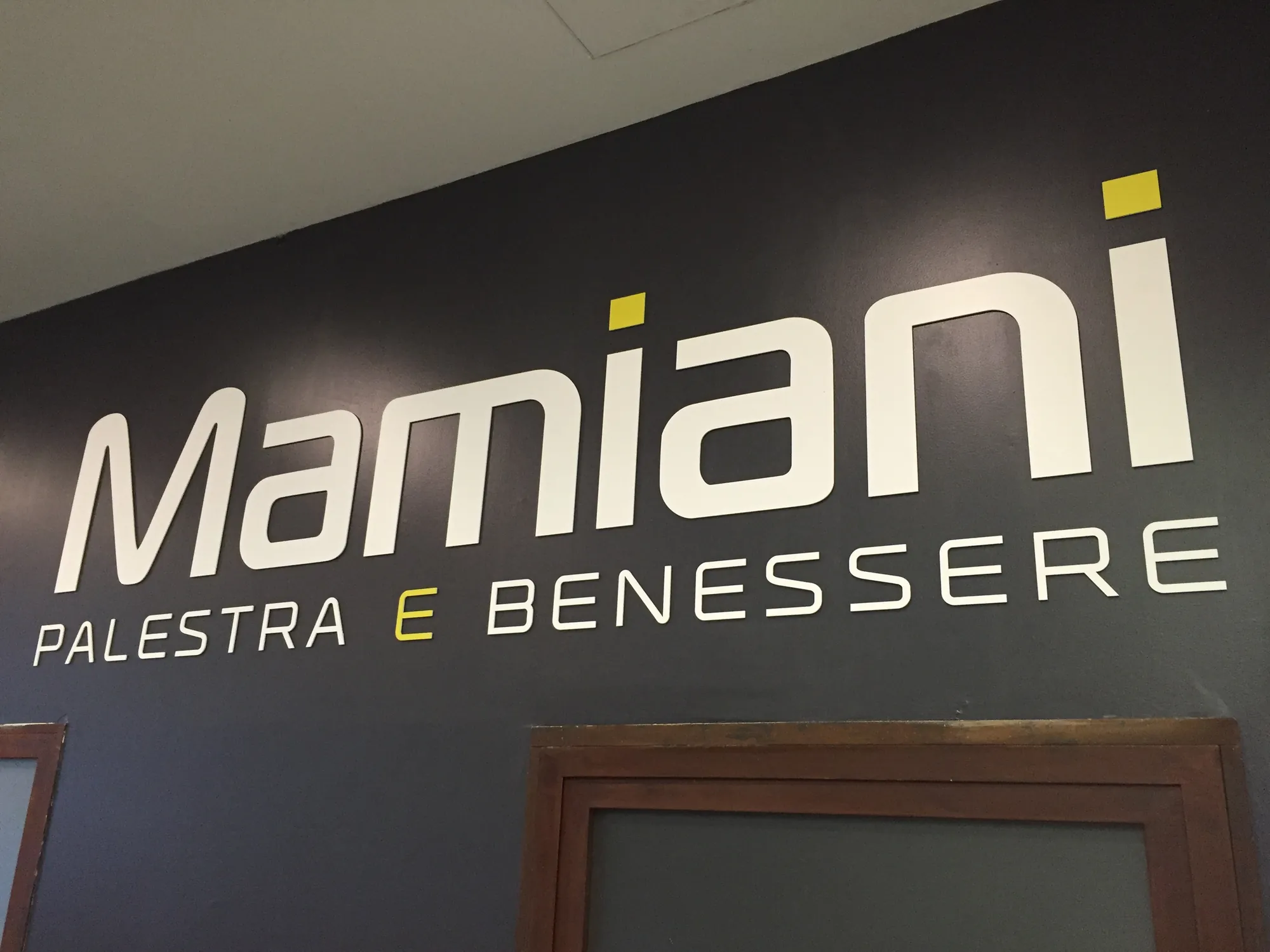 Il marchio Mamiani Palestra e Benessere sulla parete scura della sala