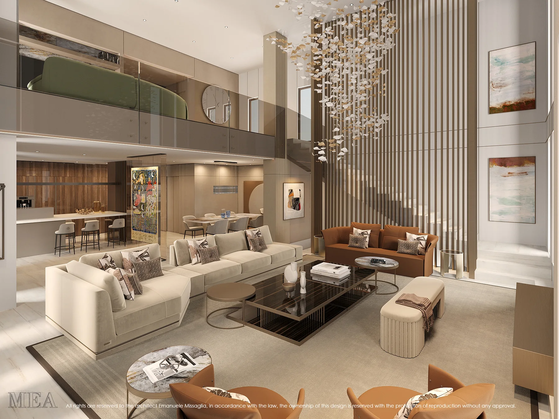 Vista di progetto del living a doppia altezza della casa privata di Haifa