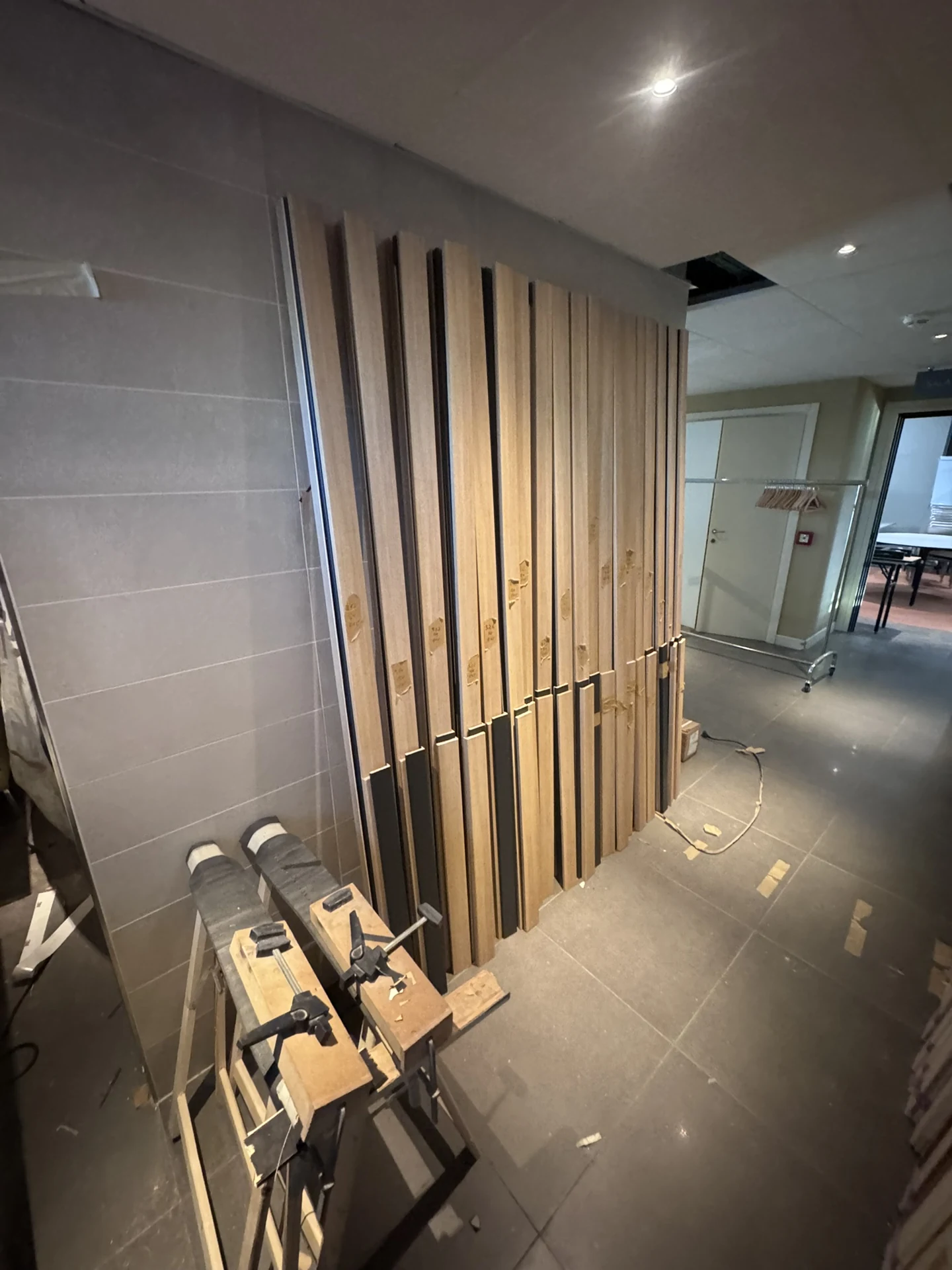 Dismantled wooden elements, gathered in the work area